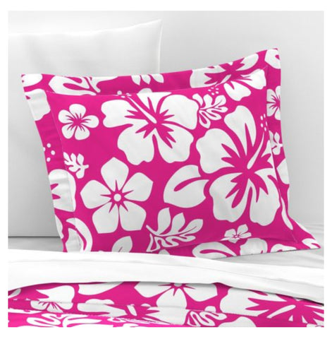 White Hawaiian Hibiscus Flowers on Hot Pink Pillow Sham - Extremely Stoked