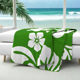 White and Fresh Green Hawaiian and Hibiscus Flowers Minky Throw Blank - Extremely Stoked