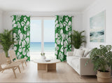 White Hawaiian Flowers on Fresh Green Window Curtains - Extremely Stoked® Eco Beach Luxe Collection - Large Scale