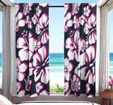 Navy Blue, Surfer Girl Pink and White Hawaiian Hibiscus Flowers Window Curtains - Extremely Stoked