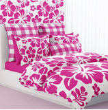 Surfer Girl Hot Pink Hawaiian Flowers on White Duvet Cover -Large Scale