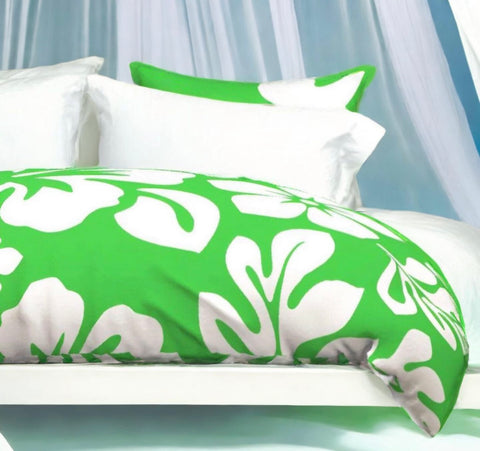 Bright Lime Green and White Hibiscus and Hawaiian Flowers Duvet Cover -Large Scale - Extremely Stoked