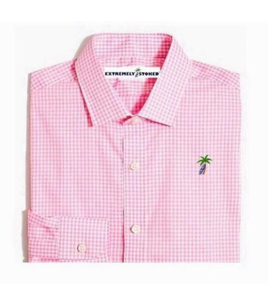 Coming Soon! Extremely Stoked Embroidered  Palm Tree & Surfboard Pink Gingham Long Sleeve Shirt