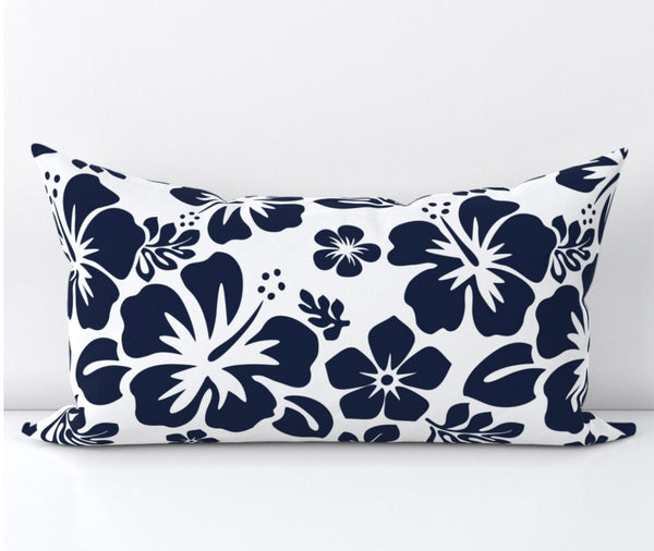 Navy Blue Hawaiian Flowers on White Lumbar Throw Pillow