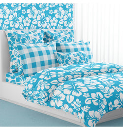 White Hawaiian Hibiscus Flowers on Aqua Blue Duvet Cover - Medium Scale