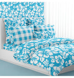 White Hawaiian Hibiscus Flowers on Aqua Blue Duvet Cover - Medium Scale