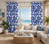 Royal Blue Hawaiian Flowers on White Window Curtains - Extremely Stoked® Eco Beach Luxe Collection - Medium Scale