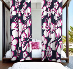 Navy Blue, Surfer Girl Pink and White Hawaiian Hibiscus Flowers Window Curtains - Extremely Stoked