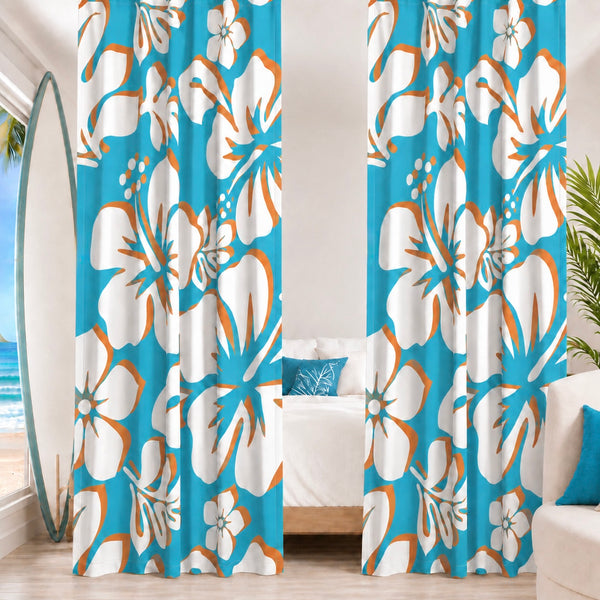 Aqua Blue, Orange and White Hawaiian Flowers Window Curtains - Extremely Stoked® Eco Beach Luxe Collection - Large Scale