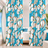 Aqua Blue, Orange and White Hawaiian Flowers Window Curtains - Extremely Stoked® Eco Beach Luxe Collection - Large Scale