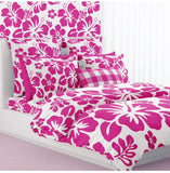 Surfer Girl Hot Pink Hawaiian Flowers on White Duvet Cover -Large Scale