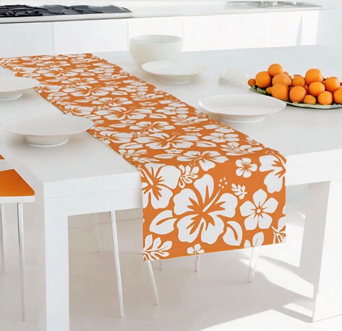 White Hawaiian Flowers on Orange Table Runner - Extremely Stoked