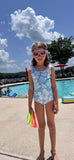 Aqua Ocean Blue and White Hawaiian Flowers Little Girls One-Piece Swimsuit – Eco Swimwear by Extremely Stoked®