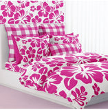 Surfer Girl Hot Pink Hawaiian Flowers on White Duvet Cover -Large Scale