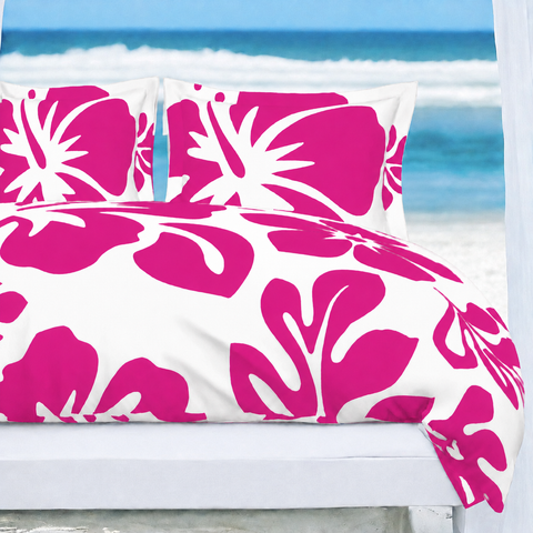 Hot_Pink_Hawaiian_Flowers_on_White_Duvet_Cover_Large_Scale_Extremely_Stoked_Eco_Luxe_Beach_Bedding