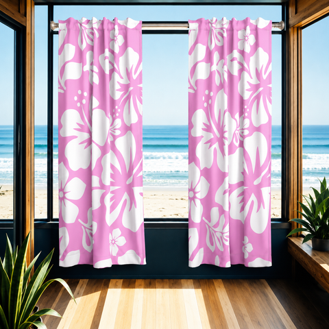 White Hawaiian Flowers on Pink Window Curtains - Extremely Stoked® Eco Beach Luxe Collection - Large Scale