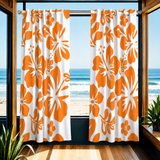 Orange Hawaiian Flowers on White Window Curtains - Extremely Stoked® Eco Beach Luxe Collection - Large Scale