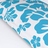 Aqua Blue Hawaiian Flowers on White Pillow Sham – Extremely Stoked® Eco Beach Luxe Collection