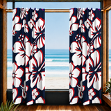 Navy Blue, Red and White Hawaiian Flowers Window Curtains - Extremely Stoked® Eco Beach Luxe Collection - Large Scale
