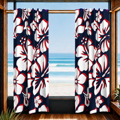 Navy Blue, Red and White Hawaiian Flowers Window Curtains - Extremely Stoked® Eco Beach Luxe Collection - Large Scale