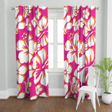 Hot Pink, Orange and White Hawaiian Flowers Window Curtains - Extremely Stoked® Eco Beach Luxe Collection - Large Scale