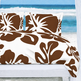 Brown Hawaiian Flowers on White Duvet Cover– Large Scale – Extremely Stoked® Eco Luxe Beach Bedding