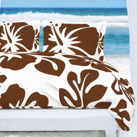 Brown Hawaiian Flowers on White Duvet Cover– Large Scale – Extremely Stoked® Eco Luxe Beach Bedding
