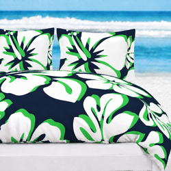 Navy Blue, Lime Green & White Hawaiian Flowers Duvet Cover – Large Scale – Extremely Stoked® Eco Luxe Beach Bedding