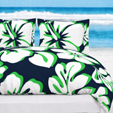 Navy Blue, Lime Green & White Hawaiian Flowers Duvet Cover – Large Scale – Extremely Stoked® Eco Luxe Beach Bedding