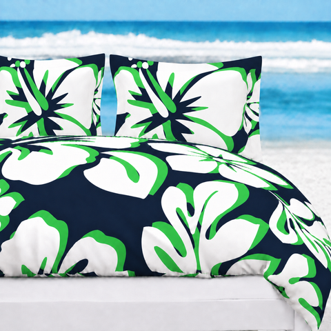 Navy Blue, Lime Green & White Hawaiian Flowers Duvet Cover – Large Scale – Extremely Stoked® Eco Luxe Beach Bedding