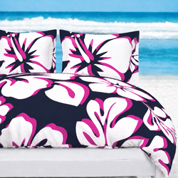 Navy Blue, Hot Pink & White Hawaiian Flowers Duvet Cover – Large Scale – Extremely Stoked® Eco Luxe Beach Bedding