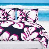 Navy Blue, Hot Pink & White Hawaiian Flowers Duvet Cover – Large Scale – Extremely Stoked® Eco Luxe Beach Bedding