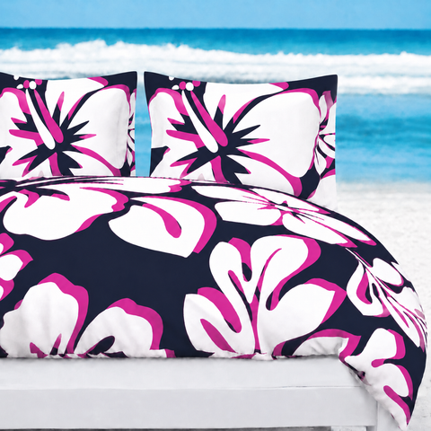 Navy Blue, Hot Pink & White Hawaiian Flowers Duvet Cover – Large Scale – Extremely Stoked® Eco Luxe Beach Bedding