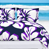 Navy Blue, Purple & White Hawaiian Flowers Duvet Cover – Large Scale – Extremely Stoked® Eco Luxe Beach Bedding