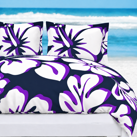 Navy Blue, Purple & White Hawaiian Flowers Duvet Cover – Large Scale – Extremely Stoked® Eco Luxe Beach Bedding