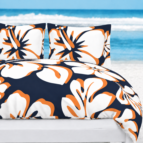 Navy Blue, Orange & White Hawaiian Flowers Duvet Cover – Large Scale – Extremely Stoked® Eco Luxe Beach Bedding