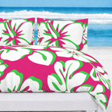 Hot Pink, Lime & White Hawaiian Flowers Duvet Cover – Large Scale – Extremely Stoked® Eco Luxe Beach Bedding
