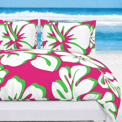 Hot Pink, Lime & White Hawaiian Flowers Duvet Cover – Large Scale – Extremely Stoked® Eco Luxe Beach Bedding
