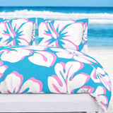 Aqua Blue, Pink & White Hawaiian Flowers Duvet Cover – Large Scale – Extremely Stoked® Eco Luxe Beach Bedding
