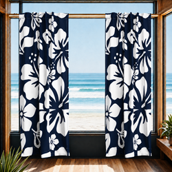 White Hawaiian Flowers on Navy Blue Window Curtains - Extremely Stoked® Eco Beach Luxe Collection - Large Scale