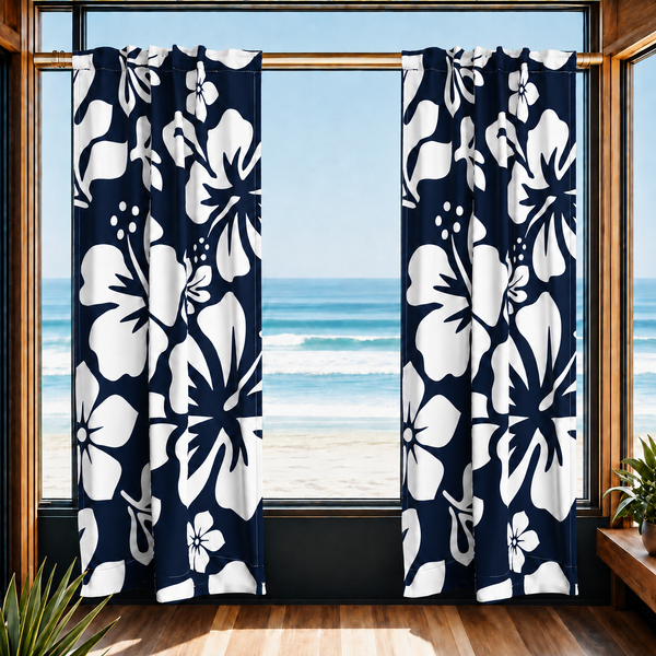 White Hawaiian Flowers on Navy Blue Window Curtains - Extremely Stoked® Eco Beach Luxe Collection - Large Scale