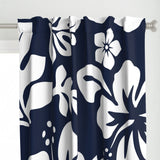 White Hawaiian Flowers on Navy Blue Window Curtains - Extremely Stoked® Eco Beach Luxe Collection - Large Scale