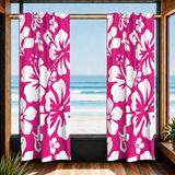 White Hawaiian Flowers on Hot Pink Window Curtains - Extremely Stoked® Eco Beach Luxe Collection - Large Scale