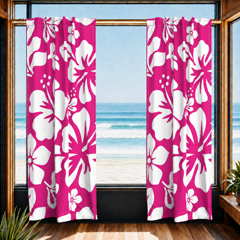 White Hawaiian Flowers on Hot Pink Window Curtains - Extremely Stoked® Eco Beach Luxe Collection - Large Scale