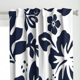 Navy Blue Hawaiian Flowers on White Window Curtains - Extremely Stoked® Eco Beach Luxe Collection - Large Scale