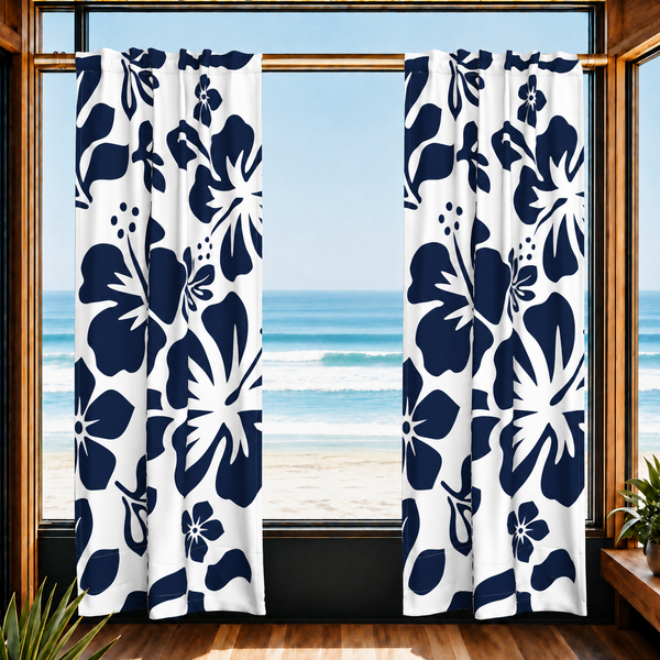 Navy Blue Hawaiian Flowers on White Window Curtains - Extremely Stoked® Eco Beach Luxe Collection - Large Scale