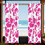 Hot Pink Hawaiian Flowers on White Window Curtains - Extremely Stoked® Eco Beach Luxe Collection - Large Scale