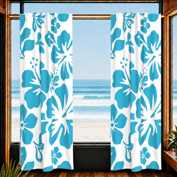 Aqua Blue Hawaiian Flowers on White Window Curtains - Extremely Stoked® Eco Beach Luxe Collection - Large Scale