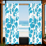 Aqua Blue Hawaiian Flowers on White Window Curtains - Extremely Stoked® Eco Beach Luxe Collection - Large Scale