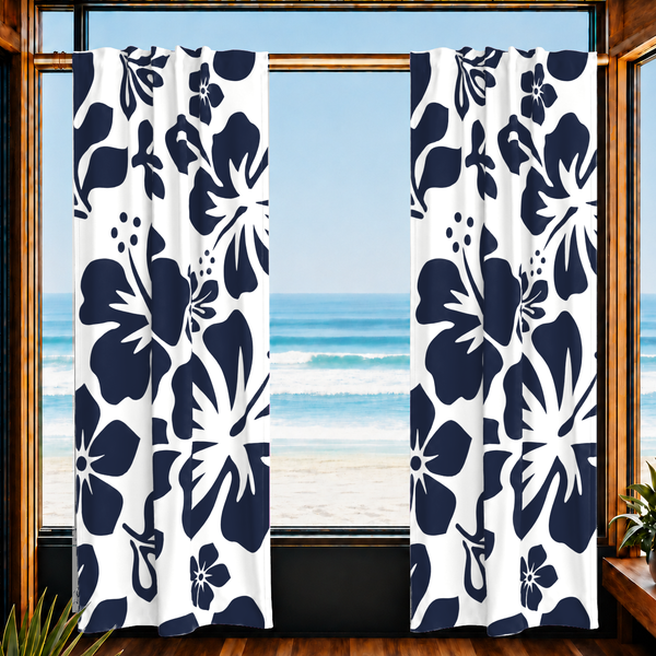 Navy Blue Hawaiian Flowers on White Window Curtains - Extremely Stoked® Eco Beach Luxe Collection - Large Scale